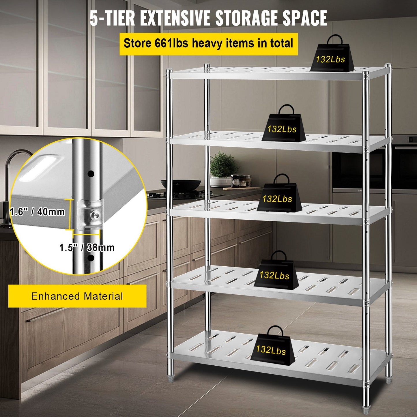 Heavy Duty 5-Tier Stainless Steel Garage Shelf, 120 x 45 x 180 cm, Adjustable