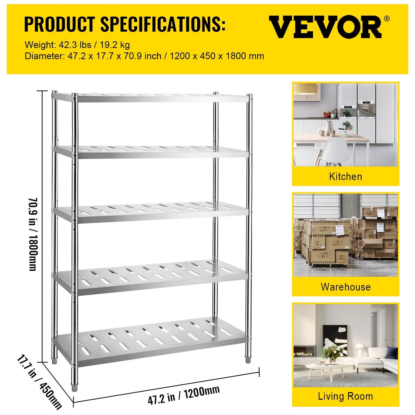 Heavy Duty 5-Tier Stainless Steel Garage Shelf, 120 x 45 x 180 cm, Adjustable