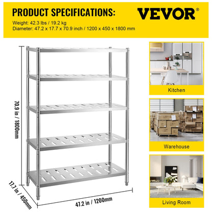 Heavy Duty 5-Tier Stainless Steel Garage Shelf, 120 x 45 x 180 cm, Adjustable