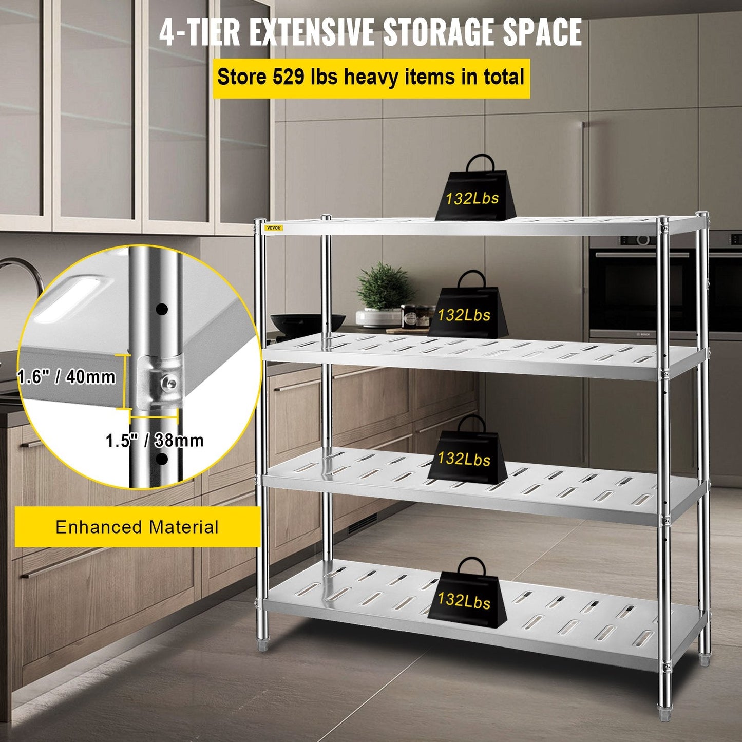 4-Tier Heavy Duty Stainless Steel Garage Shelf, 150x45x155cm, 60kg Capacity