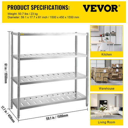4-Tier Heavy Duty Stainless Steel Garage Shelf, 150x45x155cm, 60kg Capacity