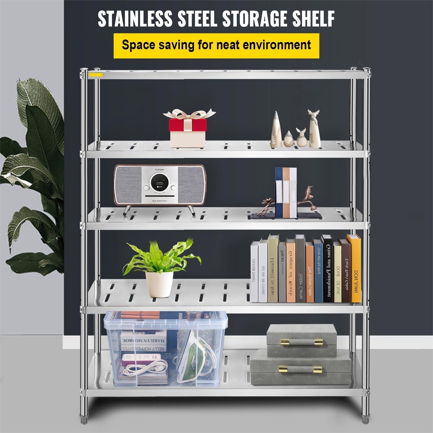 5-Tier Stainless Steel Garage Shelf, 150x45x180 cm, 300 kg Capacity, Adjustable