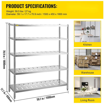 5-Tier Stainless Steel Garage Shelf, 150x45x180 cm, 300 kg Capacity, Adjustable