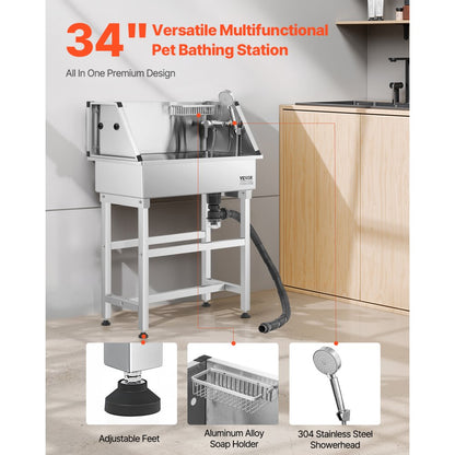 VEVOR 86.4 cm Dog Grooming Bath Tub Stainless Steel w Faucet for Pets