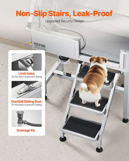 86.4 cm Dog Washing Station, Stainless Steel Pet Grooming Tub Bathtub, Professional Dog Wash Sink with Shower, Faucet, Soap Holder, Non-Slip Stairs Easy-Clean for Small Pets Cats (Right Door)