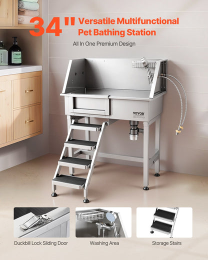 86.4 cm Dog Washing Station, Stainless Steel Pet Grooming Tub Bathtub, Professional Dog Wash Sink with Shower, Faucet, Soap Holder, Non-Slip Stairs Easy-Clean for Small Pets Cats (Left Door)