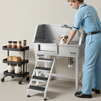 86.4 cm Dog Washing Station, Stainless Steel Pet Grooming Tub Bathtub, Professional Dog Wash Sink with Shower, Faucet, Soap Holder, Non-Slip Stairs Easy-Clean for Small Pets Cats (Left Door)