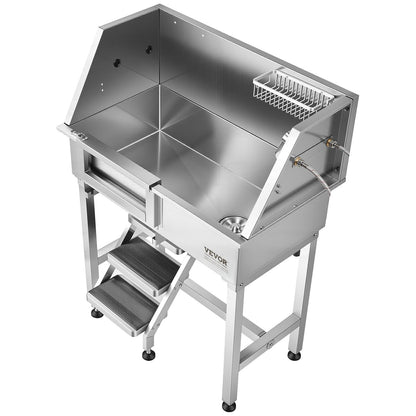 86.4 cm Dog Washing Station, Stainless Steel Pet Grooming Tub Bathtub, Professional Dog Wash Sink with Shower, Faucet, Soap Holder, Non-Slip Stairs Easy-Clean for Small Pets Cats (Left Door)