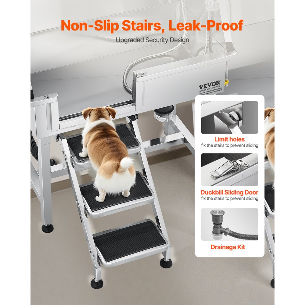 VEVOR 86.4 cm Dog Grooming Bath Tub Stainless Steel w Stairs Faucet Left Door