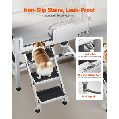 VEVOR 86.4 cm Dog Grooming Bath Tub Stainless Steel w Stairs Faucet Left Door