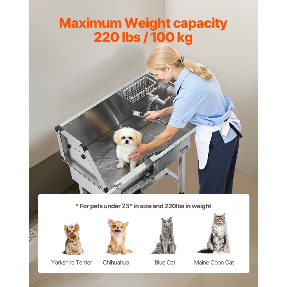 VEVOR 86.4 cm Dog Grooming Bath Tub Stainless Steel w Stairs Faucet Left Door