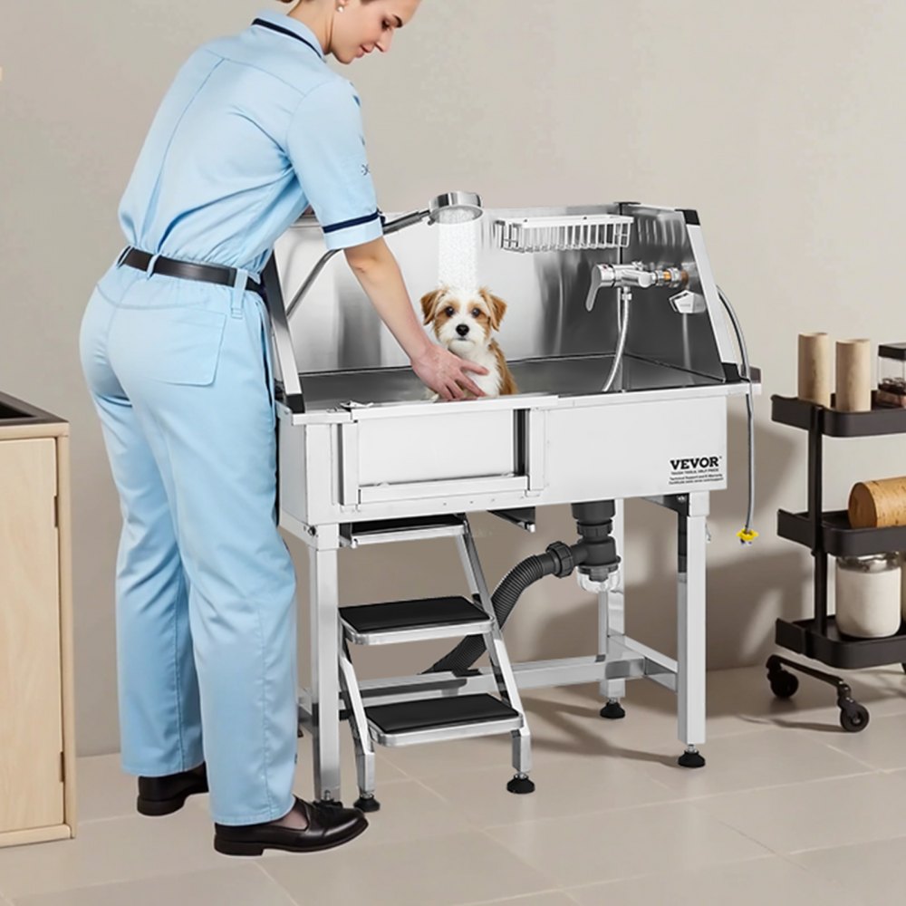 VEVOR 86.4 cm Dog Grooming Bath Tub Stainless Steel w Stairs Faucet Left Door
