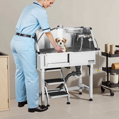 VEVOR 86.4 cm Dog Grooming Bath Tub Stainless Steel w Stairs Faucet Left Door