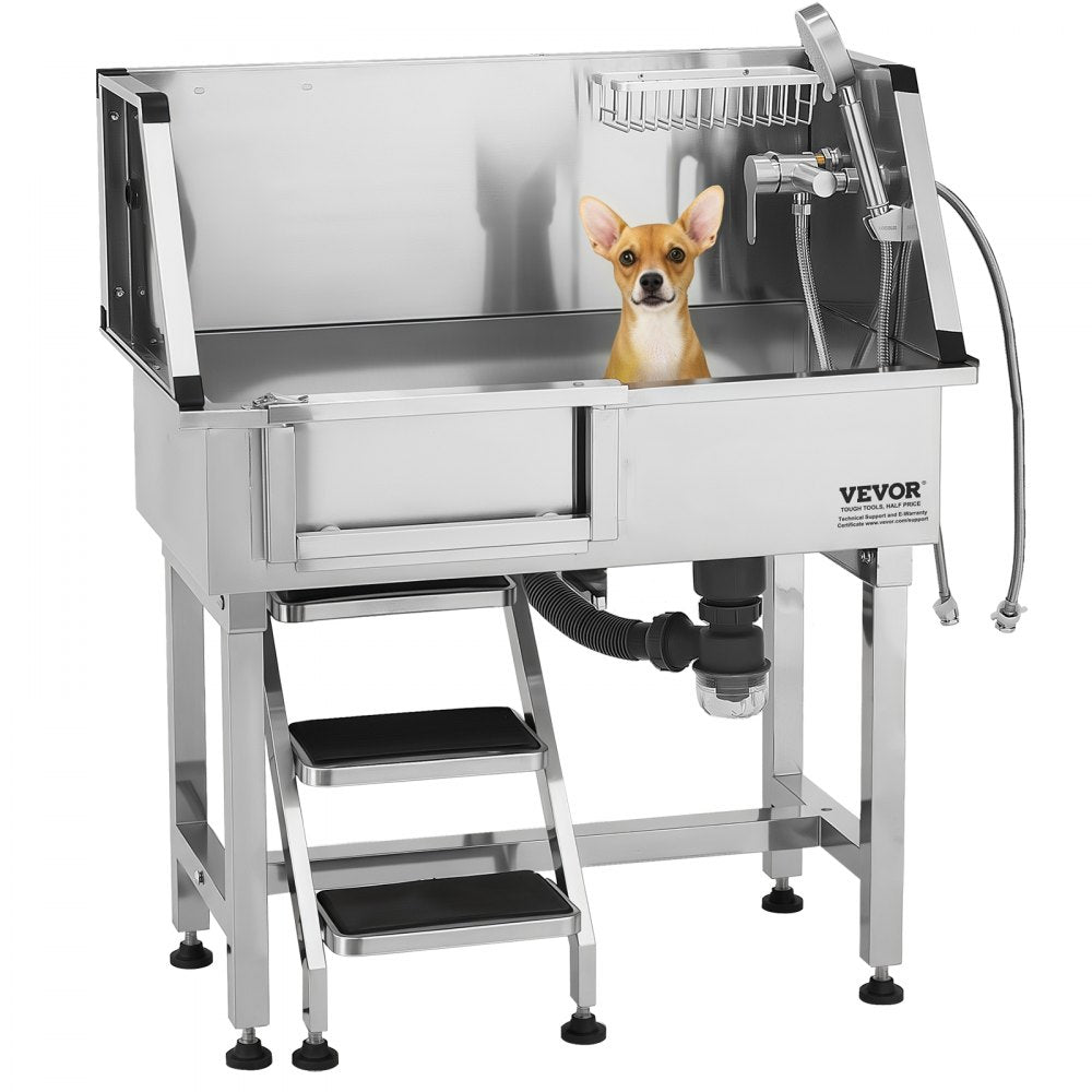 VEVOR 86.4 cm Dog Grooming Bath Tub Stainless Steel w Stairs Faucet Left Door