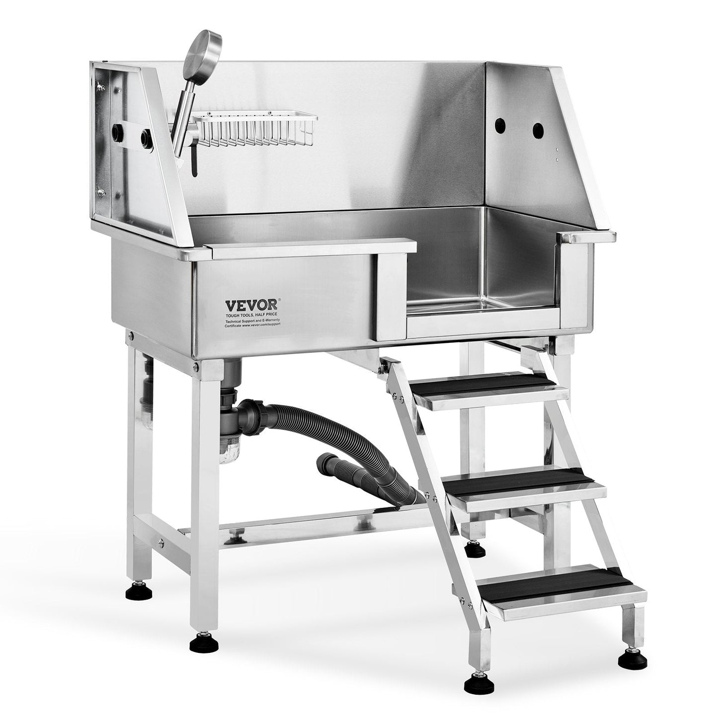 Professional Stainless Steel Dog Grooming Tub with Ramp and Storage Drawer