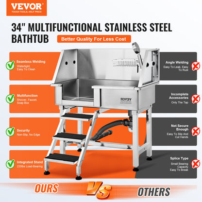 VEVOR 34Inch 86.4CM Pet Dog Bathing Station w/Ramp, Professional Stainless Steel