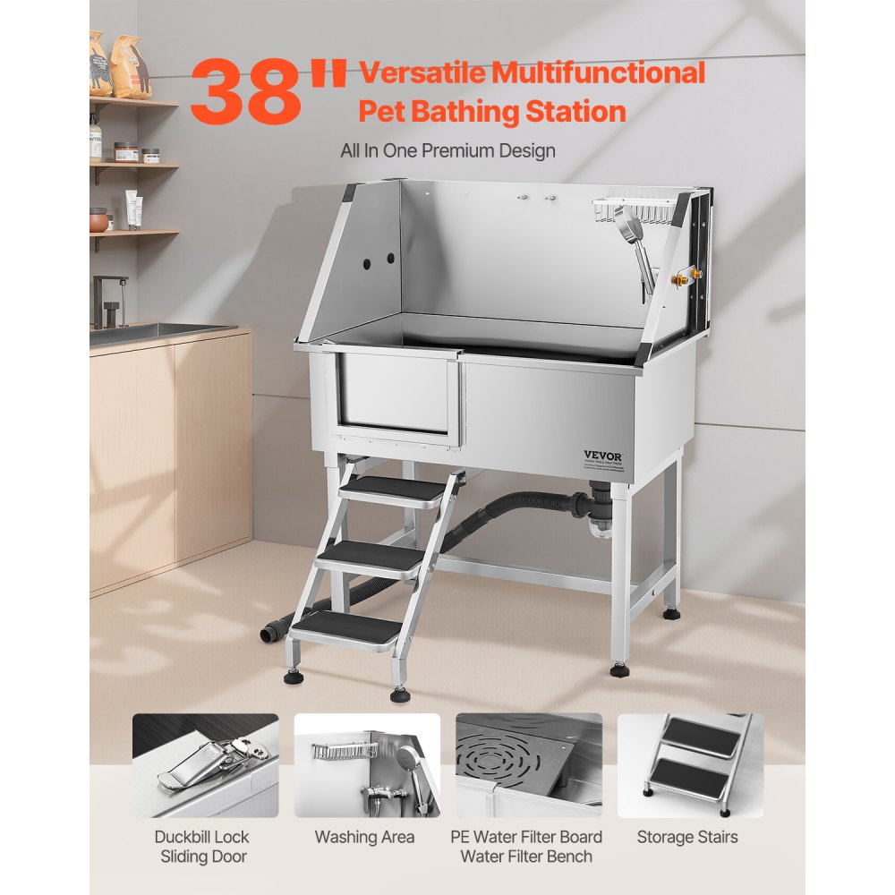 VEVOR 96.5 cm Dog Grooming Bath Tub Stainless Steel w Stairs Faucet Left Door