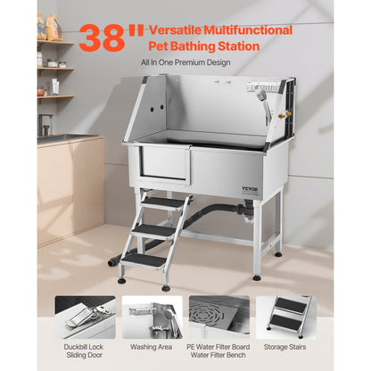 VEVOR 96.5 cm Dog Grooming Bath Tub Stainless Steel w Stairs Faucet Left Door