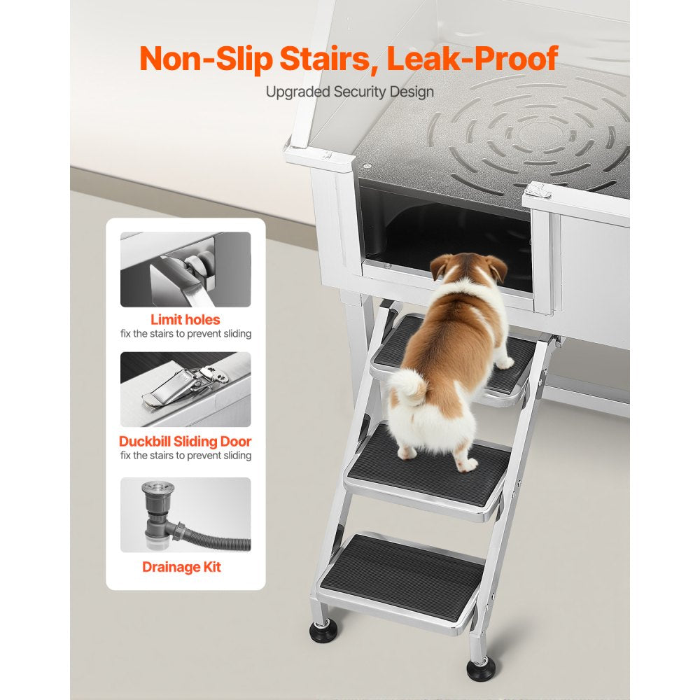 VEVOR 96.5 cm Dog Grooming Bath Tub Stainless Steel w Stairs Faucet Left Door