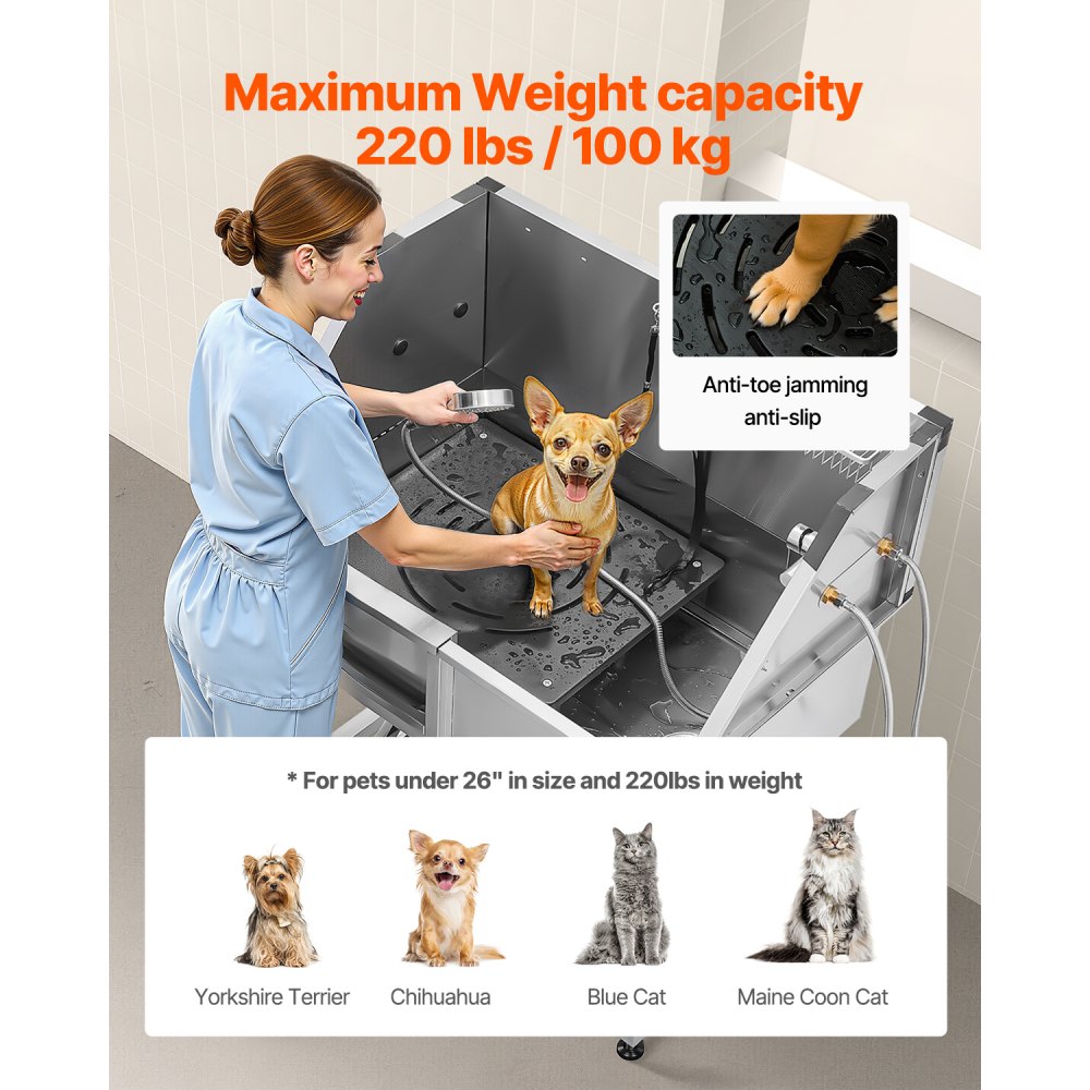 VEVOR 96.5 cm Dog Grooming Bath Tub Stainless Steel w Stairs Faucet Left Door