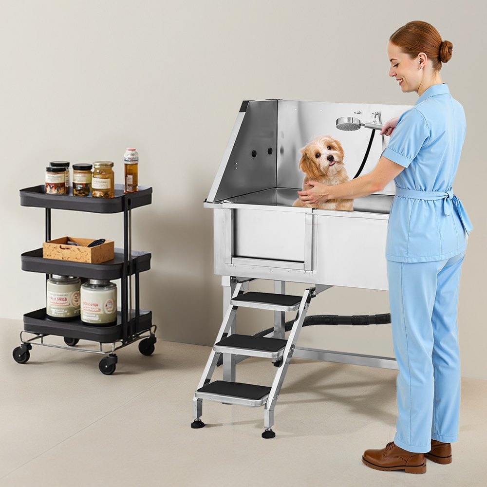 VEVOR 96.5 cm Dog Grooming Bath Tub Stainless Steel w Stairs Faucet Left Door