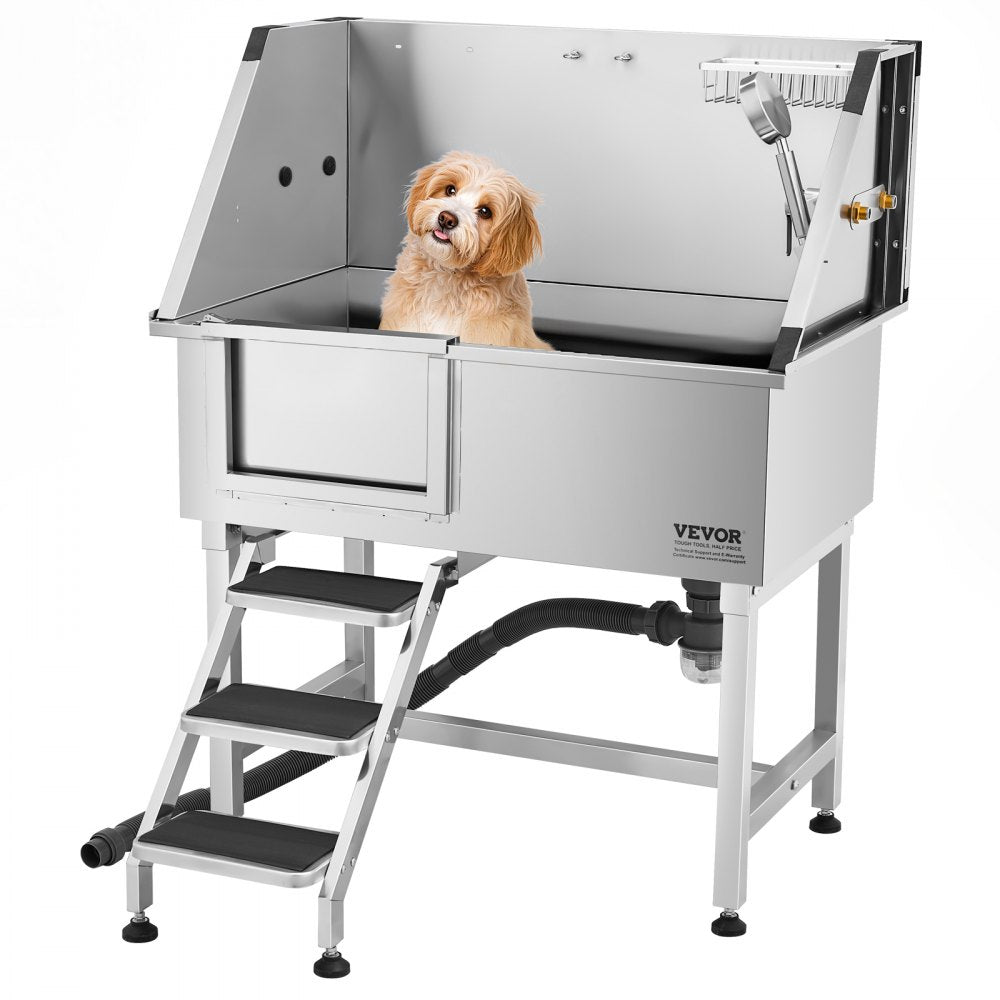 VEVOR 96.5 cm Dog Grooming Bath Tub Stainless Steel w Stairs Faucet Left Door