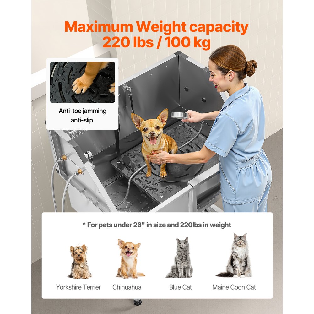 VEVOR 96.5 cm Dog Grooming Bath Tub Stainless Steel w Stairs Faucet Showerhead