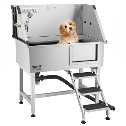 VEVOR 96.5 cm Dog Grooming Bath Tub Stainless Steel w Stairs Faucet Showerhead
