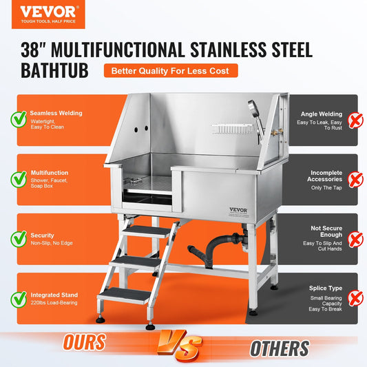 Professional Stainless Steel Pet Grooming Tub with Ramp and Storage, 100 kg Capacity