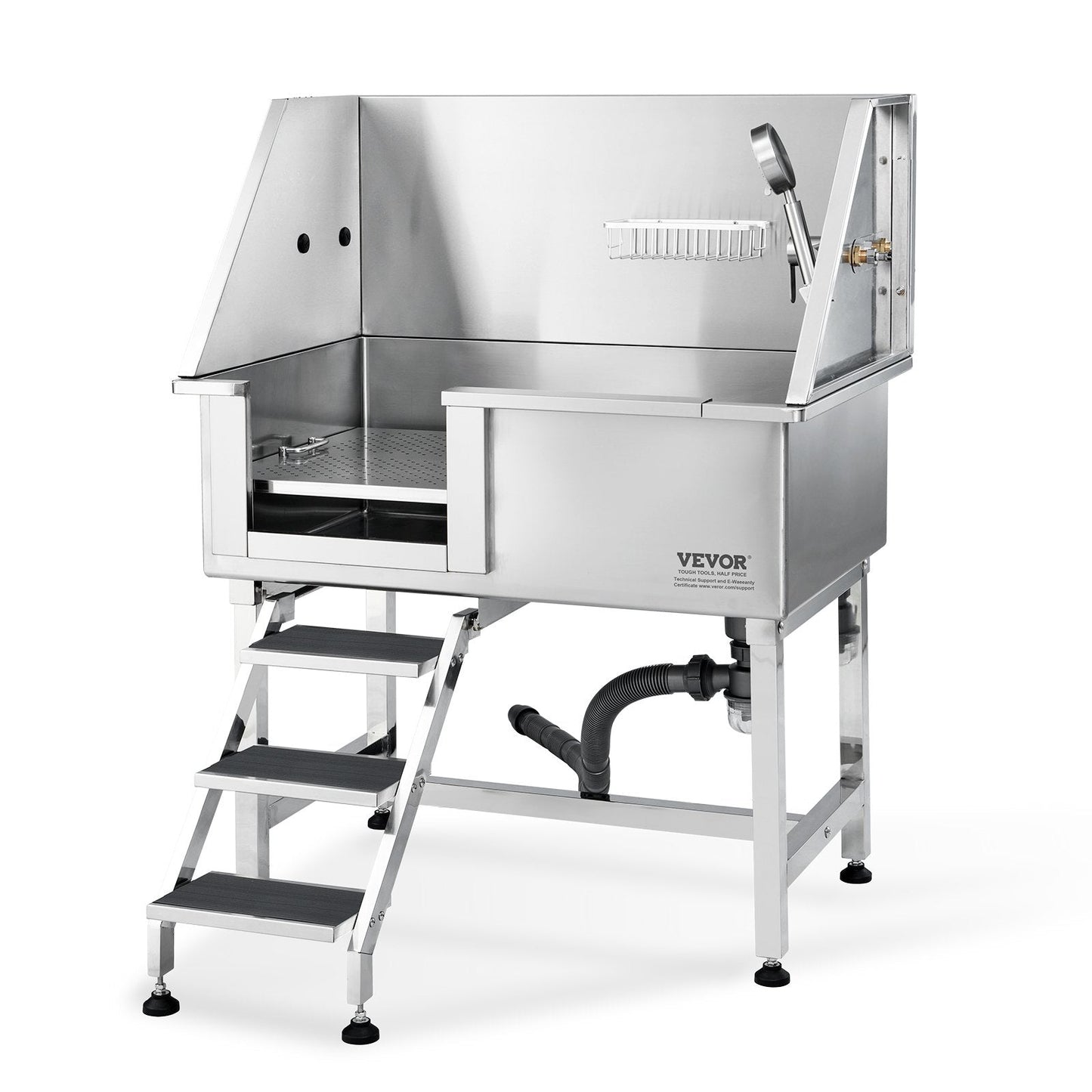 Professional Stainless Steel Pet Grooming Tub with Ramp and Storage, 100 kg Capacity