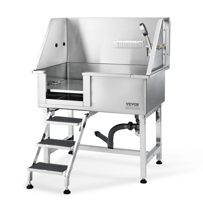 Professional Stainless Steel Pet Grooming Tub with Ramp and Storage, 100 kg Capacity