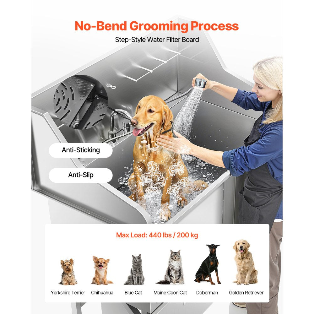VEVOR 127 cm Dog Grooming Bath Tub Stainless Steel w Ramp Faucet Showerhead