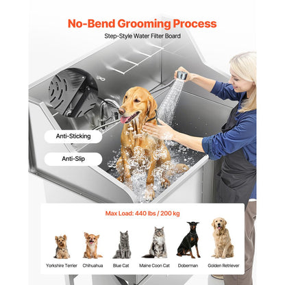 VEVOR 127 cm Dog Grooming Bath Tub Stainless Steel w Ramp Faucet Showerhead