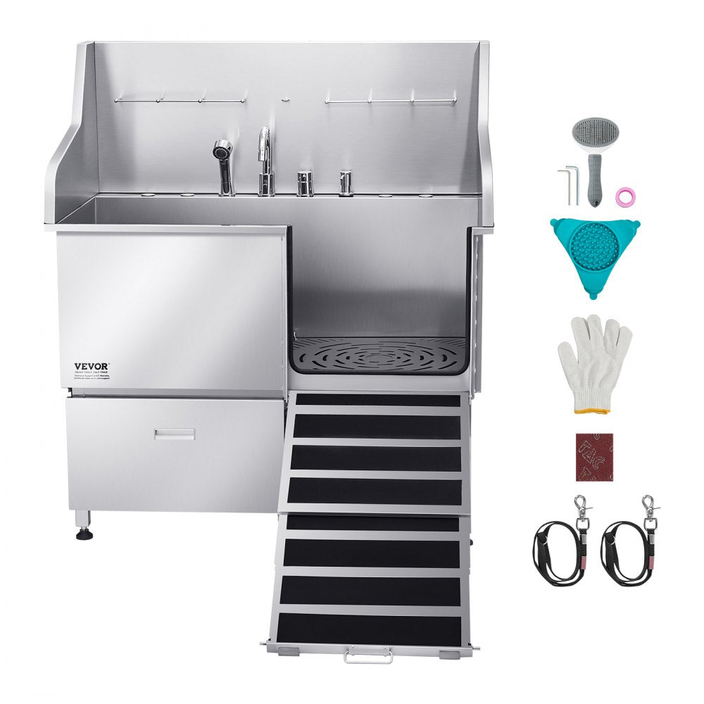 VEVOR 127 cm Dog Grooming Bath Tub Stainless Steel w Ramp Faucet Showerhead
