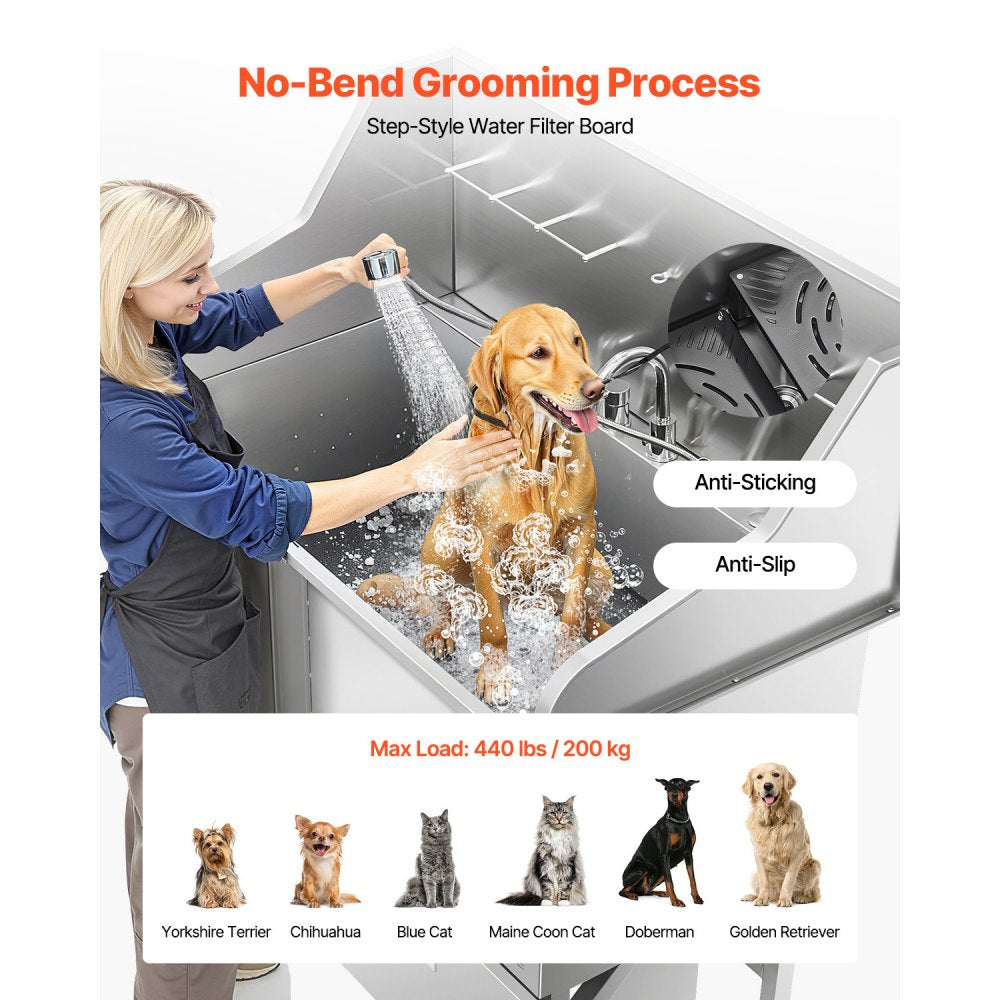 VEVOR 127 cm Dog Grooming Bath Tub Stainless Steel w Ramp Faucet Left Door