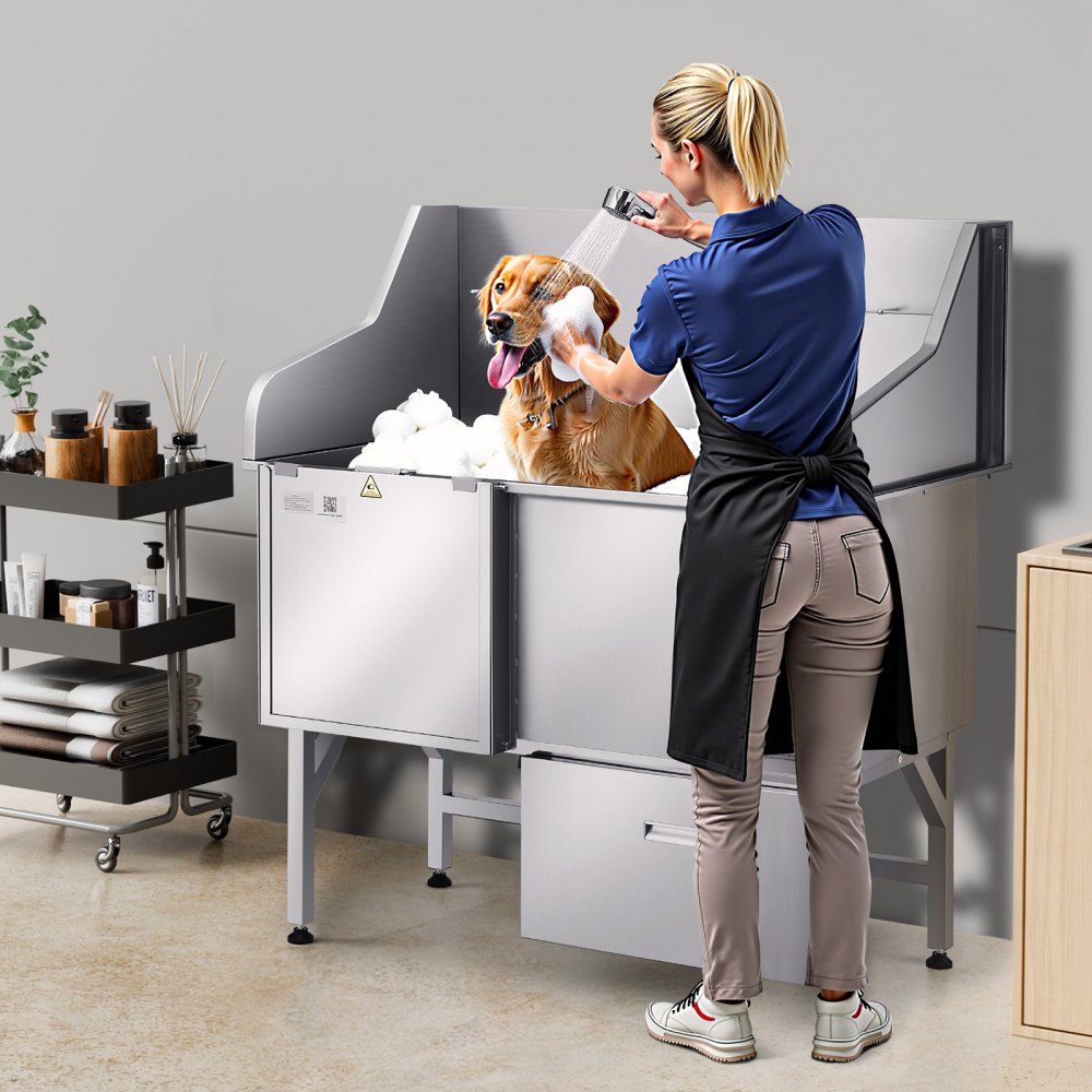 VEVOR 127 cm Dog Grooming Bath Tub Stainless Steel w Ramp Faucet Left Door