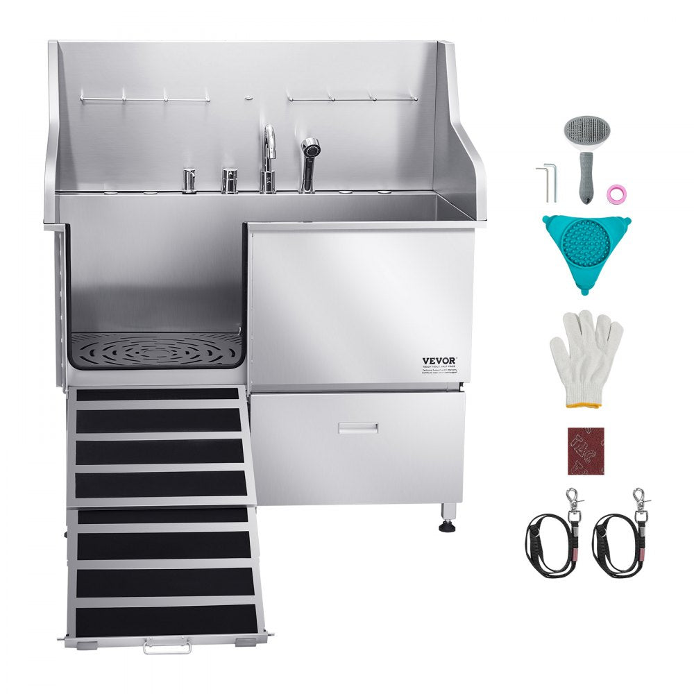 VEVOR 127 cm Dog Grooming Bath Tub Stainless Steel w Ramp Faucet Left Door