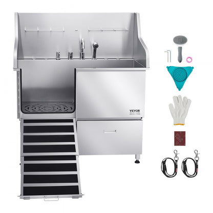 VEVOR 127 cm Dog Grooming Bath Tub Stainless Steel w Ramp Faucet Left Door