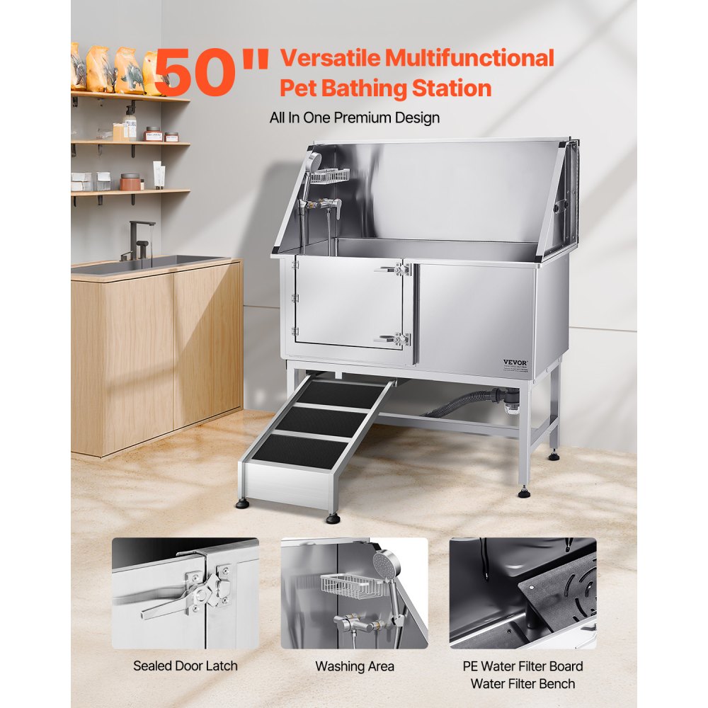 VEVOR 127 cm Dog Grooming Bath Tub Stainless Steel w Ramp Water Filter Left
