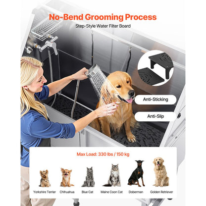 VEVOR 127 cm Dog Grooming Bath Tub Stainless Steel w Ramp Water Filter Left