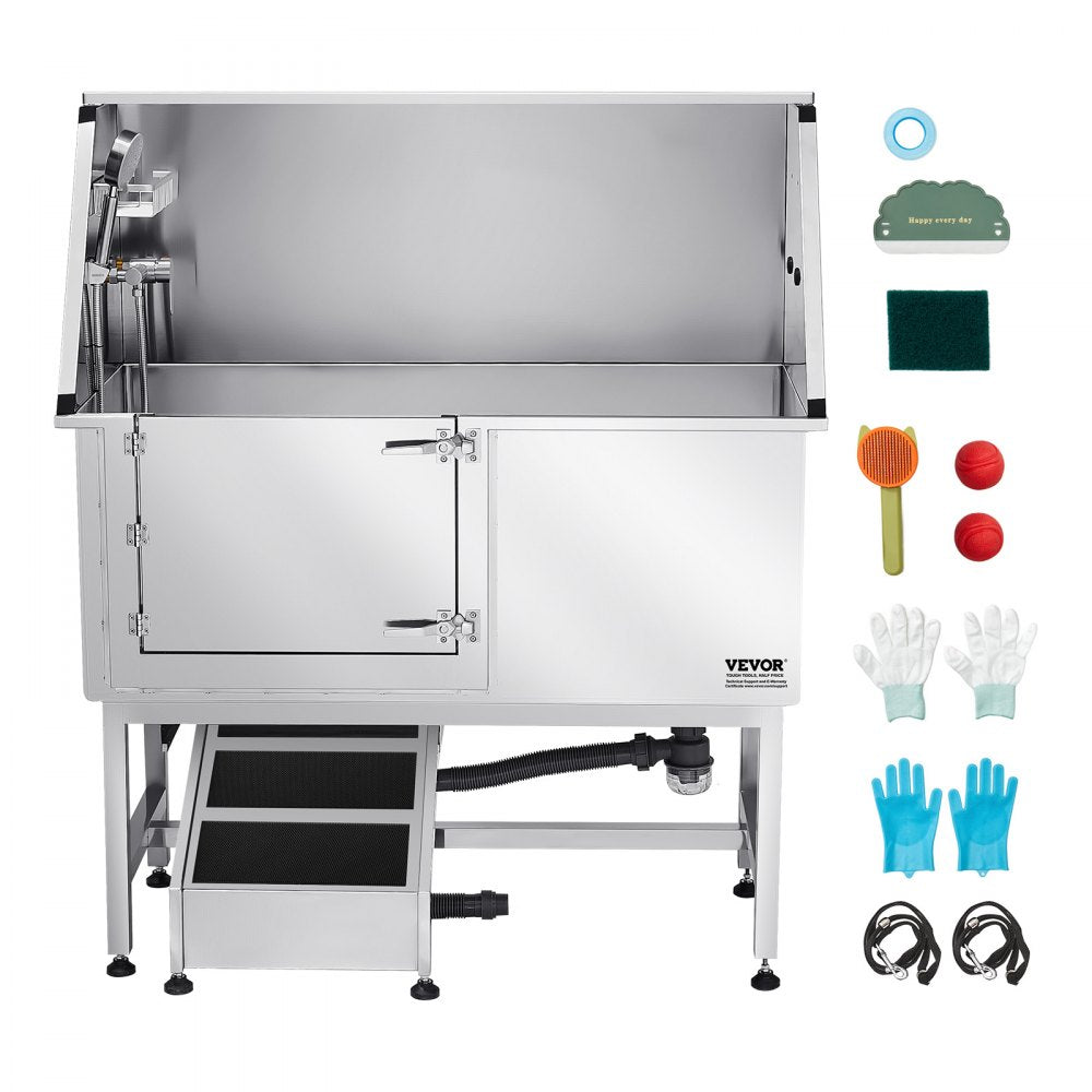VEVOR 127 cm Dog Grooming Bath Tub Stainless Steel w Ramp Water Filter Left