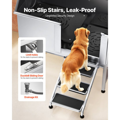 VEVOR 127 cm Dog Grooming Bath Tub Stainless Steel w Stairs Water Filter