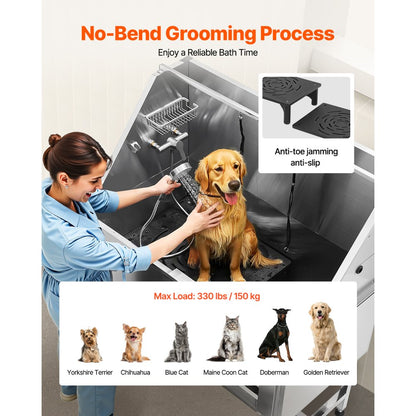 VEVOR 127 cm Dog Grooming Bath Tub Stainless Steel w Stairs Water Filter