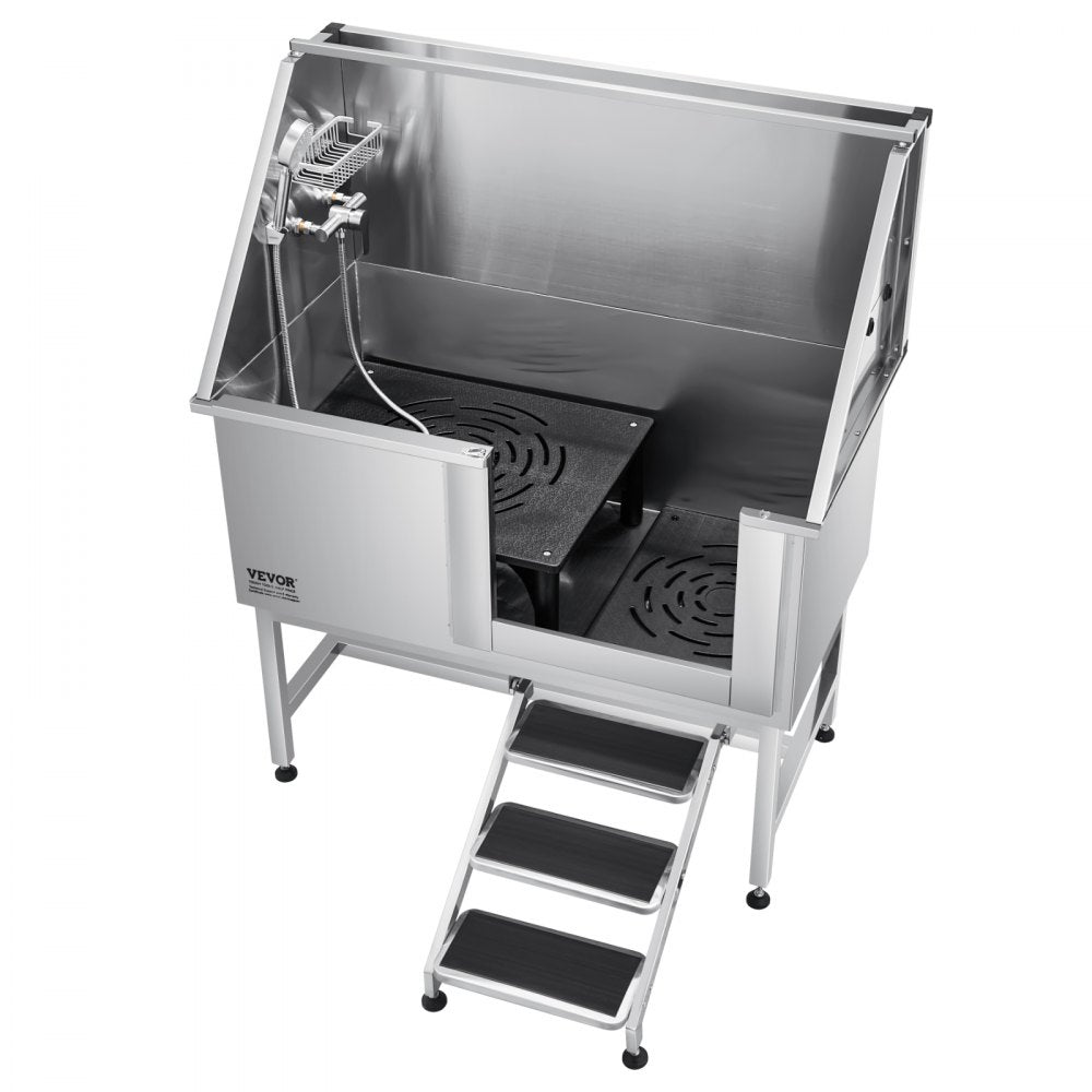 VEVOR 127 cm Dog Grooming Bath Tub Stainless Steel w Stairs Water Filter