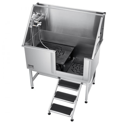 VEVOR 127 cm Dog Grooming Bath Tub Stainless Steel w Stairs Water Filter