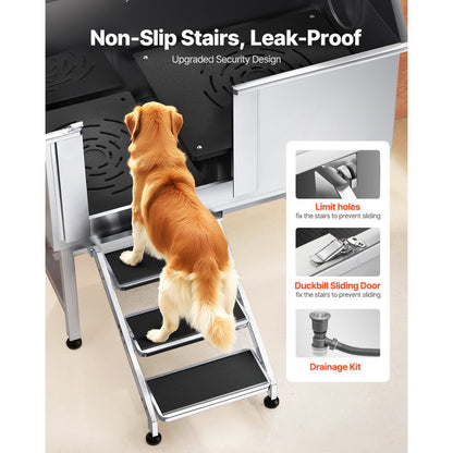 VEVOR 127 cm Dog Grooming Bath Tub Stainless Steel w Stairs Water Filter Left