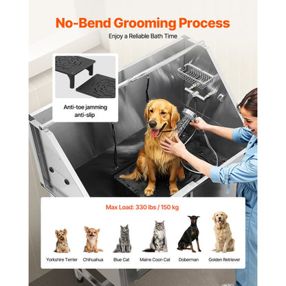 VEVOR 127 cm Dog Grooming Bath Tub Stainless Steel w Stairs Water Filter Left