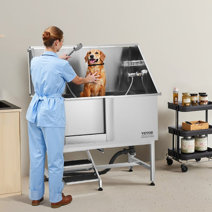 VEVOR 127 cm Dog Grooming Bath Tub Stainless Steel w Stairs Water Filter Left