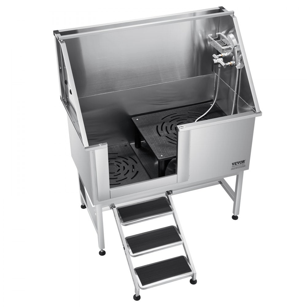 VEVOR 127 cm Dog Grooming Bath Tub Stainless Steel w Stairs Water Filter Left
