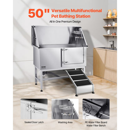 VEVOR 127 cm Dog Grooming Bath Tub Stainless Steel w Ramp Water Filter